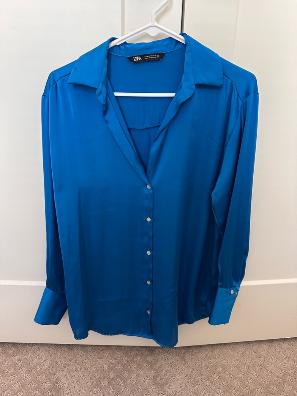 Zara Vibrant Blue Satin Button-Down Shirt